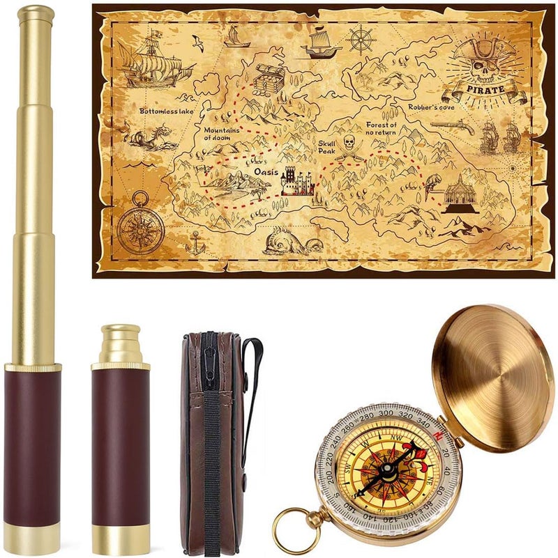 Aubric Pirate Spyglass Telescope Treasure Map Pocket Compass Kids Toys Set, Handheld Collapsible 25x30 Zoomable Monocular Polyester Fabric Huge Map & Golden Compass Boys Gift for Pirate Lovers - Image 1